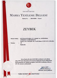 ZEYBEK TRADEMARK REGISTRATION CERTIFICATE