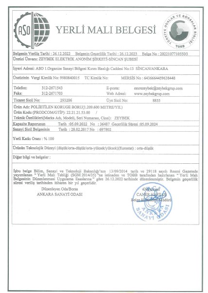 PVC CABLE TRUCKINGDOMESTIC PRODUCT CERTIFICATE